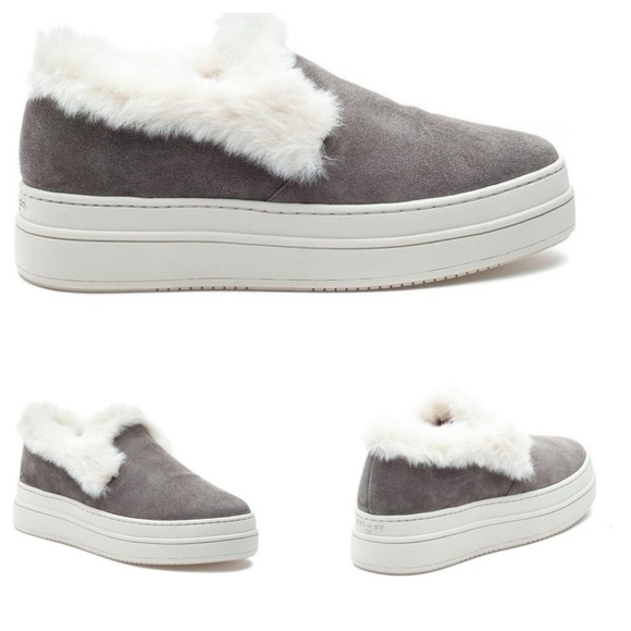 J Slides Shoes - J Slides Charcoal and Cream Fur Sneakers